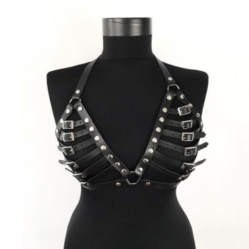Black Faux Leather Two Piece Set Buckle Metal Rivet Low Cut Backless Crop Tops Button Tassel Mini Skirts